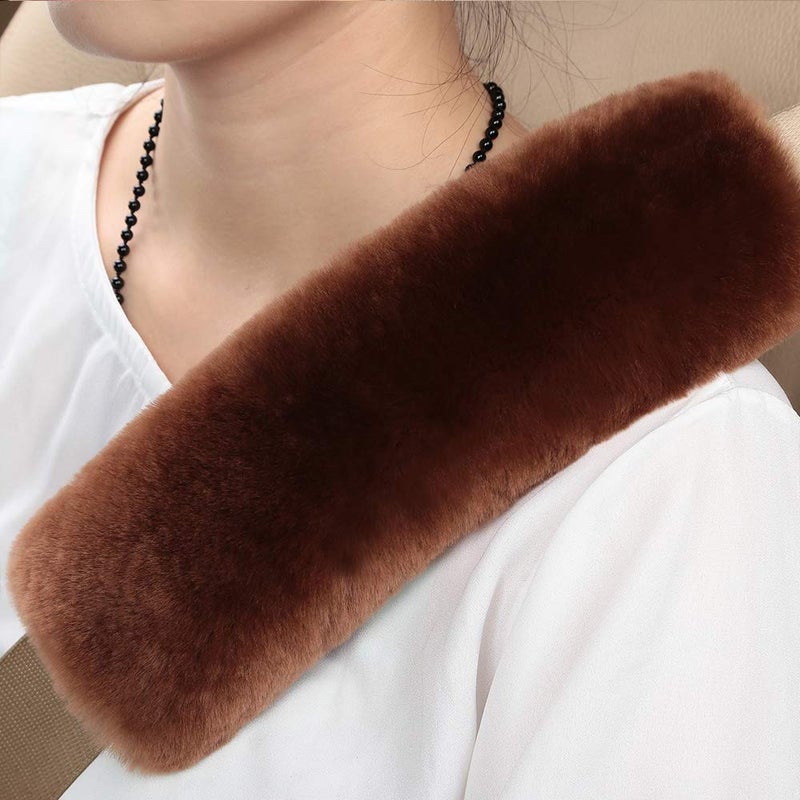OGLAND 2 Pack Automotive Authentic Sheepskin Car Seat Belt Pads, Soft Shoulder Pad, Neck Cushion Protector, Genuine Natural Merino Wool (Saddle Brown) - Image 2
